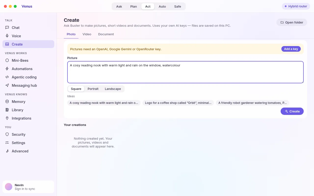 The Create page with Photo, Video and Document tabs