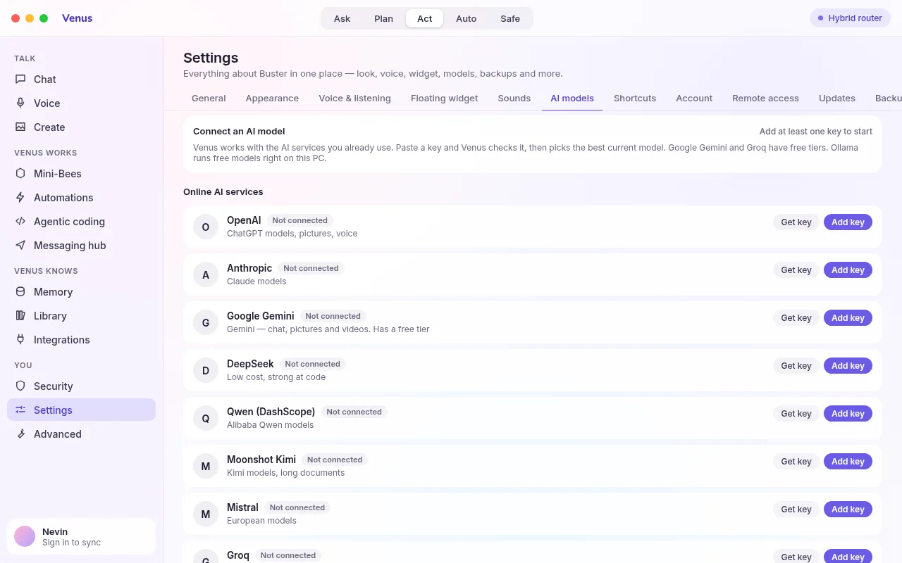 The AI models settings page with provider cards