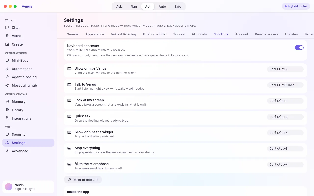 Keyboard shortcut settings